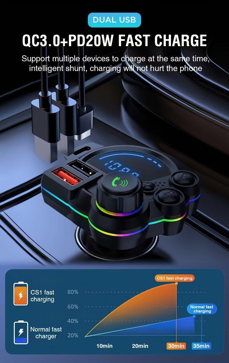 Bluetooth 5.3 Car FM Transmitter, Wireless Radio Adapter with PD 30W & USB Fast Charger, Colorful RGB Light, Hands-free Calling, Bass Music Player for All Cars