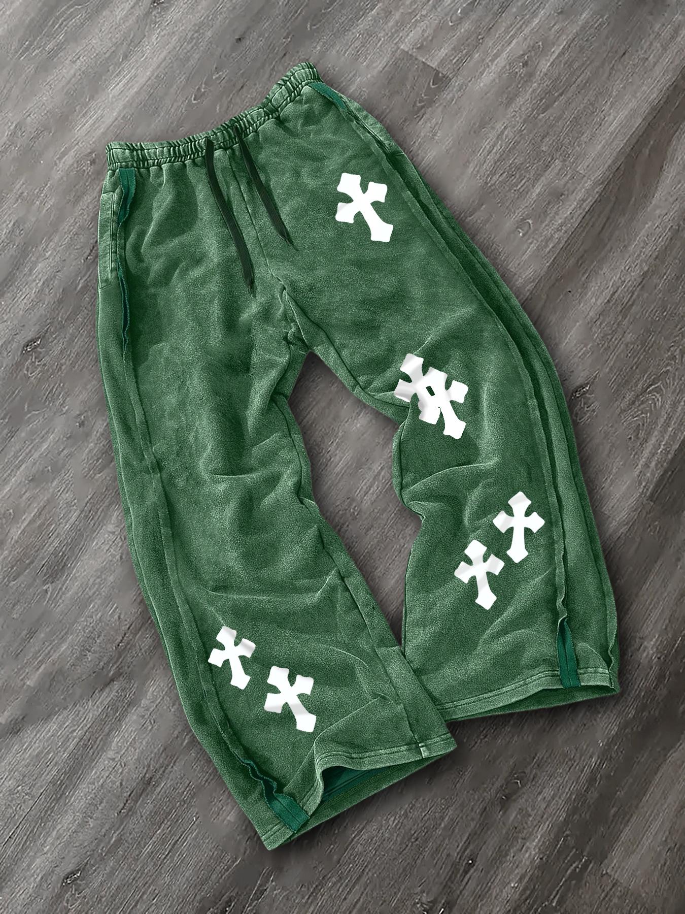 Men's Washed Cotton Straight Leg Long Pants, Cross Print, Casual Fashion, Comfortable Fit, Perfect for Daily Wear, Casual Lounge Pant