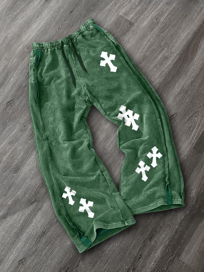 Men's Washed Cotton Straight Leg Long Pants, Cross Print, Casual Fashion, Comfortable Fit, Perfect for Daily Wear, Casual Lounge Pant