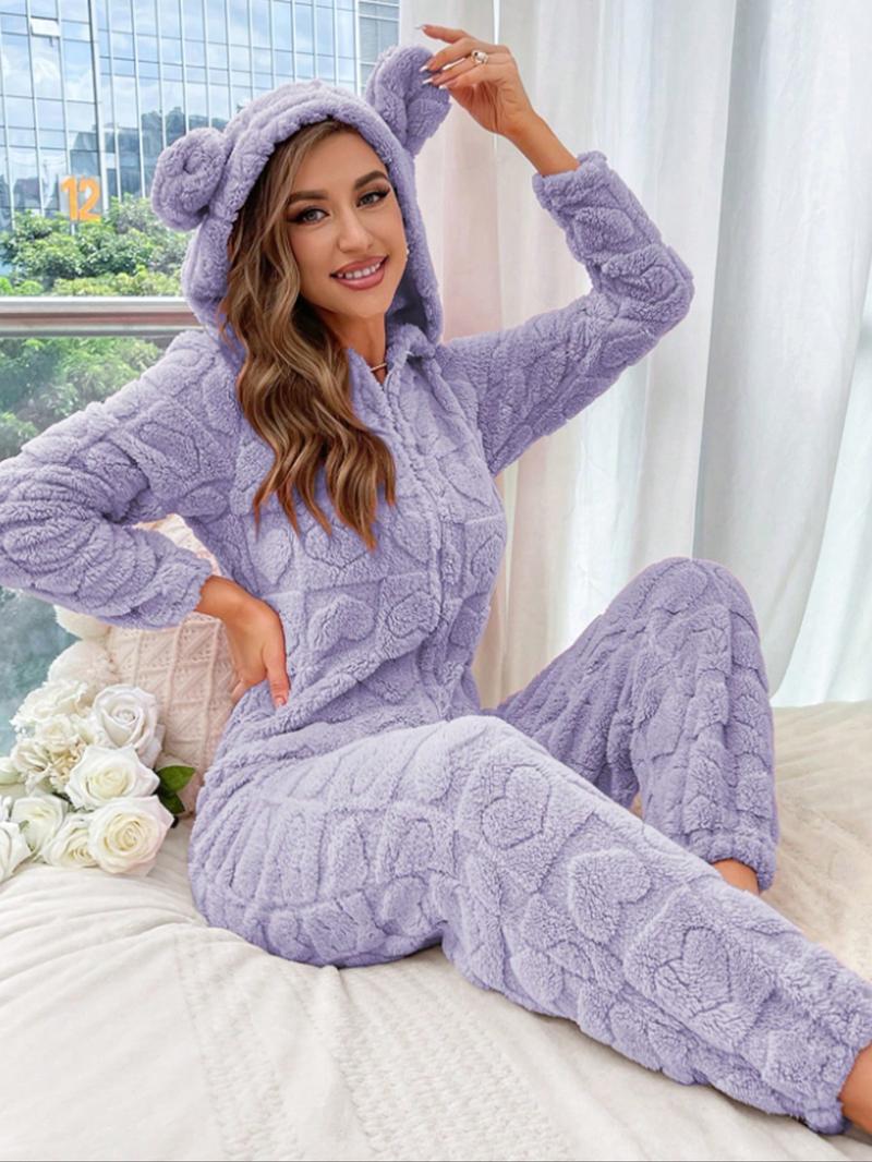 Women's Plush Onesie Pajamas Set, Long Sleeve Hooded Jumpsuit with Ears Design, Autumn Winter Warm Sleepwear for Ladies