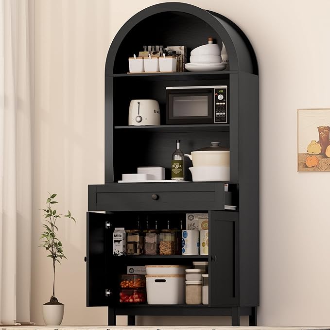 71" Arched Pantry Cabinet, Modern Farmhouse Storage with Smooth-Glide Drawer & Adjustable Shelf, Anti-Tip Wall Anchor for Kitchen Dining Room