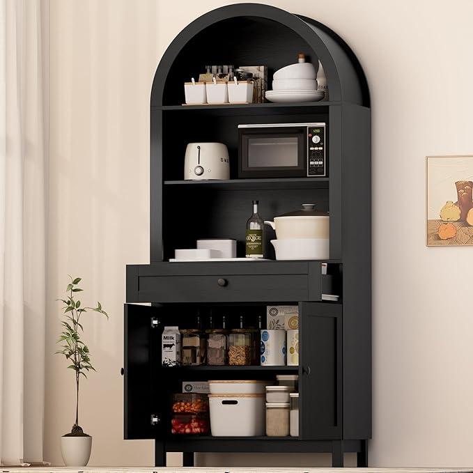 71" Arched Pantry Cabinet, Modern Farmhouse Storage with Smooth-Glide Drawer & Adjustable Shelf, Anti-Tip Wall Anchor for Kitchen Dining Room