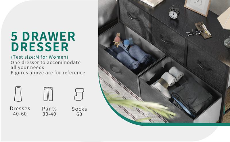 Yitahome Wide Storage Tower with 5 Drawers - Fabric Dresser, Organizer Unit for Bedroom, Living Room, Closets - Sturdy Steel Frame, Easy Pull Fabric Bins & Wooden Top (Black/Grey)