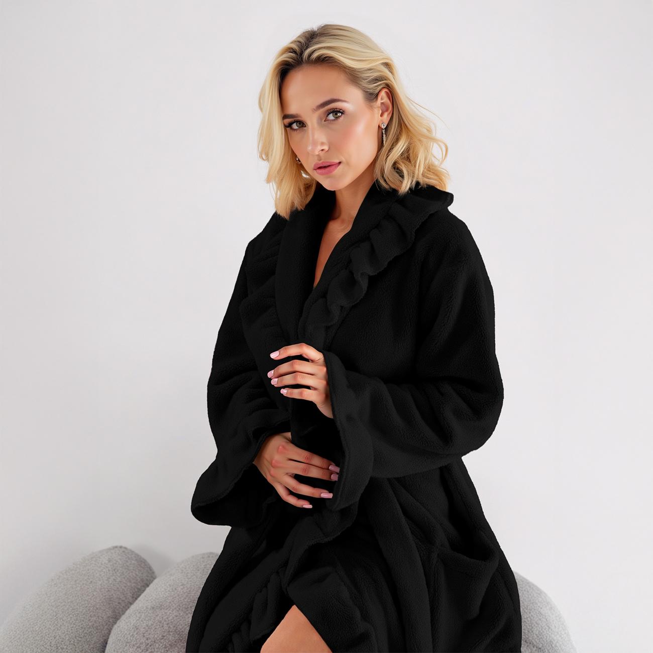 KatchMe Women's Basic Winter Thermal Solid Color Flounce Waist Tie Side Pocket Wrap Robe, Cozy Sleepwear & Loungewear, Soft Homewear for Lady