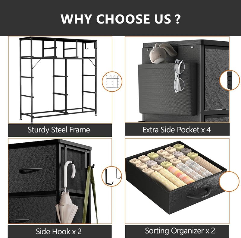 【Deals for Your Days】AOWOS 10 Drawers Dresser, Storage Unit Organizer Chest for Clothes, Tall Dressers & Chests of Drawers for Bedroom, Hallway, Living Room, Closet, & Dorm Furniture - Steel Frame