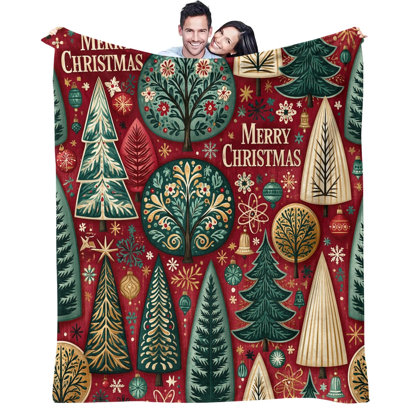 1PC Christmas Tree Star Printed Super Soft Milk Fleece & Flannel Throw Blanket, 300GSM Anti-Static All-Season Blanket, Ideal for Air-conditioned Room, Lightweight Warm Throw for Bed Sofa Couch Office Travel Camping Home Decor, Machine Washable Non-F