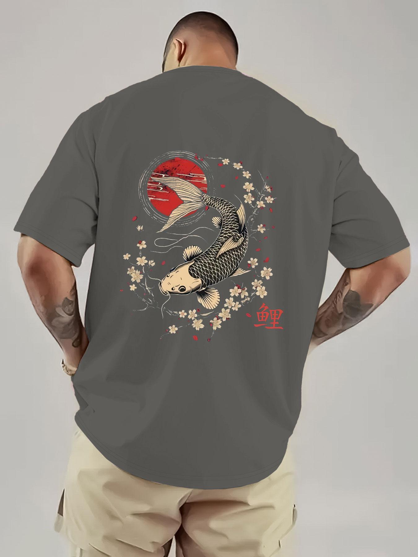 Japanese Koi and Cherry Blossom Print Men's T-Shirt, Breathable Heavyweight Short Sleeve, Streetwear for Music Festivals and Daily Wear