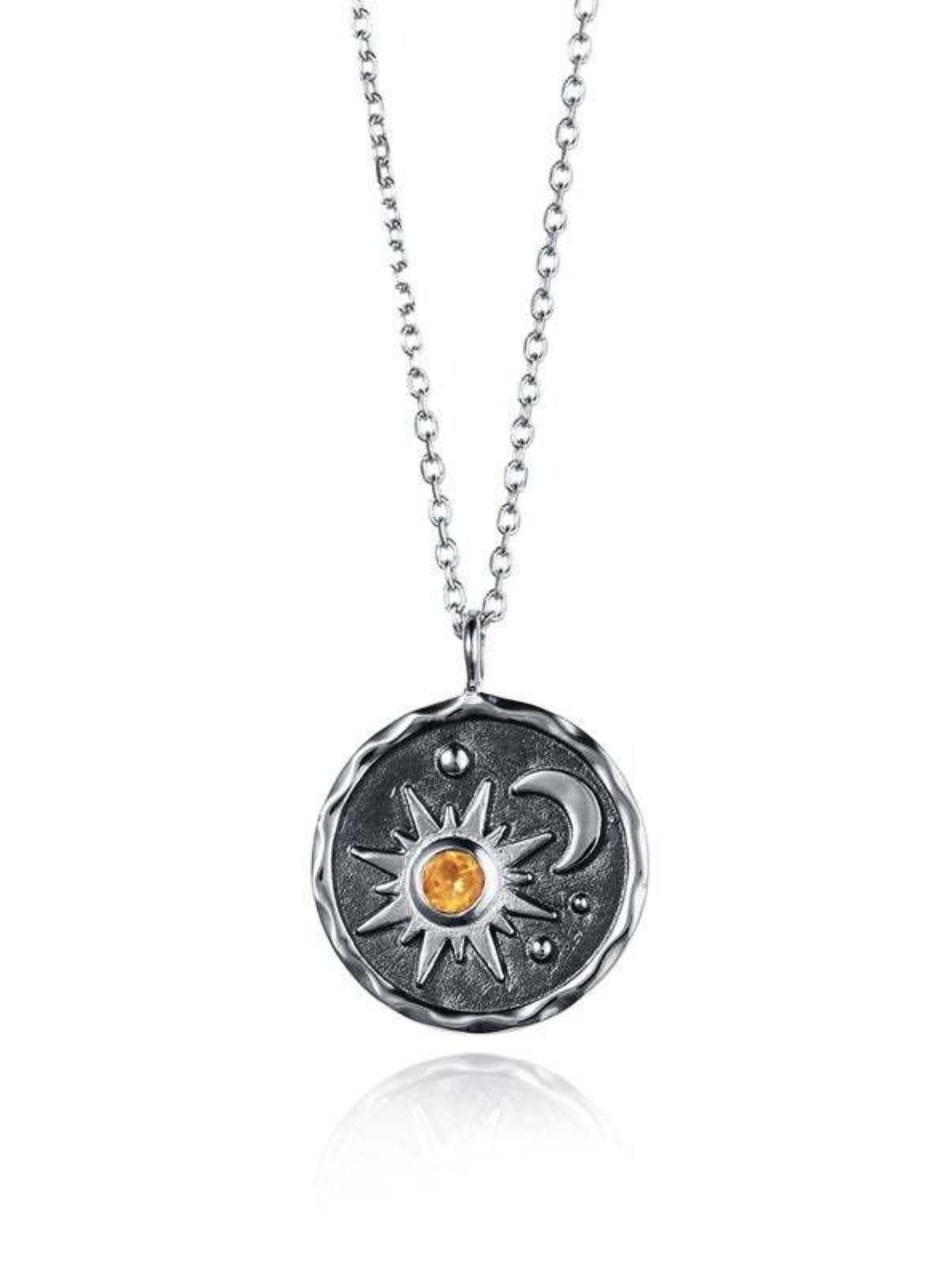Vintage Silver Color Sun Moon Zircon Necklace for Women, Punk Style Stainless Steel Chain, All Seasons Fashion Jewelry Gift