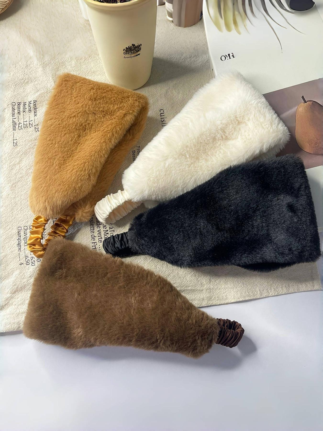 Women's Winter Faux Rabbit Fur Soft Warm Headband, Hairband, Wide Edge Windproof Cold-Proof Hair Accessory, Elastic Sweat-Absorbing Bandana, Elastic Fashion Headbands