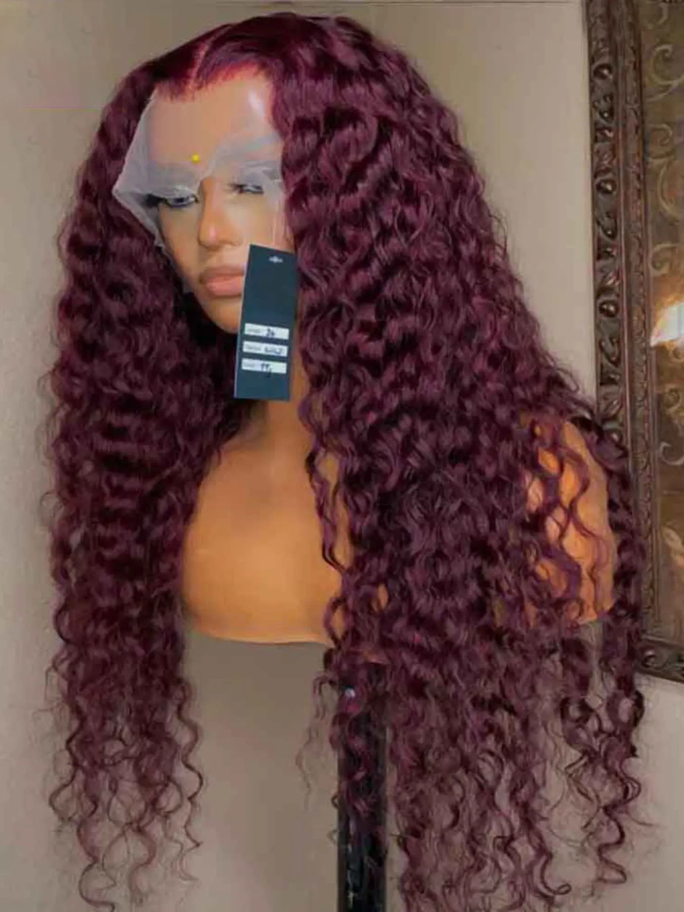 Burgundy Soft Long 26 Inch 180 Density Kinky Curly 99j Wine Red Front Lace Wig, Glueless Heat Resistant Synthetic Hair, Daily Wear Pre-plucked, Curly Afro Wigs