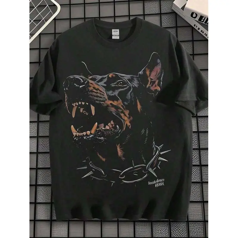 EWH Retro, Men's T-Shirt, Doberman Pattern, Printed T-Shirt, Spike Collar, Street Style, Loose, Short Sleeve, Personalized, Versatile Top Plus Size