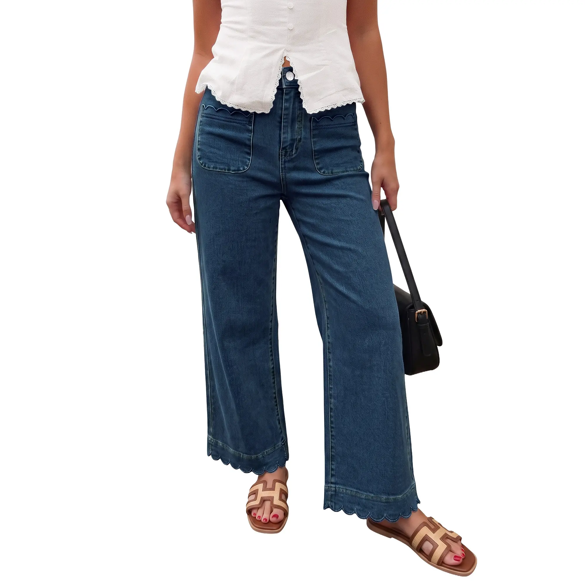 【NEW】GRAPENT Jeans for Women Scalloped Straight Leg Ankle Stretchy Denim Pants | Straight Wide Leg Jeans, High Waisted, 27.5" Inseam, Patched Pockets, Cute Scalloped Design, Work Office, Dressy Casual Wear backtoschool