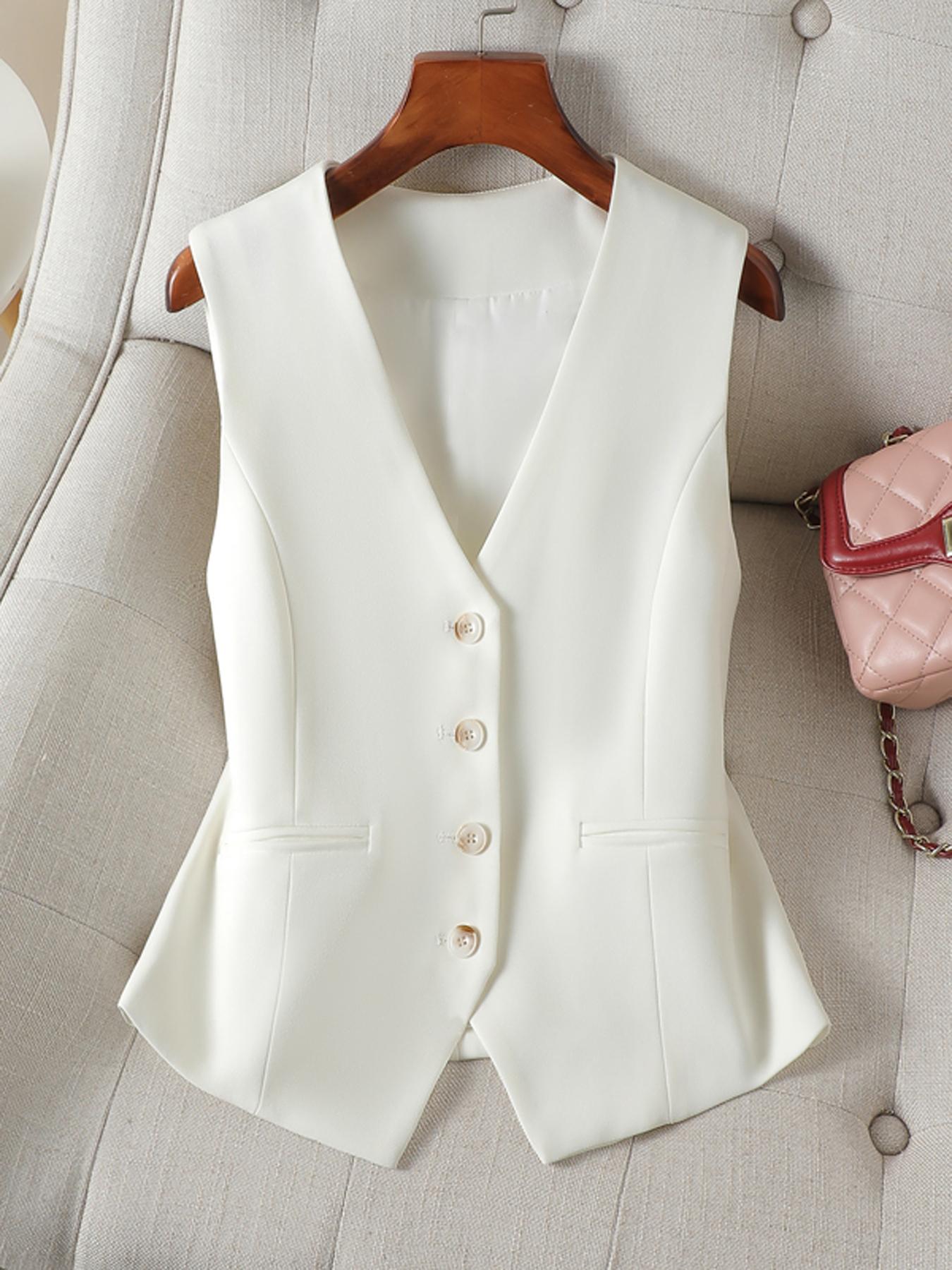 Women's Solid Basic Button Front Mock Pocket V Neck Fitted Suit Vest, Formal Dress Waistcoat Elegant Minimalist Sleeveless Suit Vest for Office, Ladies Spring & Fall Clothes, Business Attire Womenswear - TikTok Women's Solid Basic Button Front Mock Pocket V Neck Fitted Suit Vest, Formal Dress Waistcoat Elegant Minimalist Sleeveless Suit Vest for Office, Ladies Spring & Fall Clothes, Business Attire Womenswear - TikTok