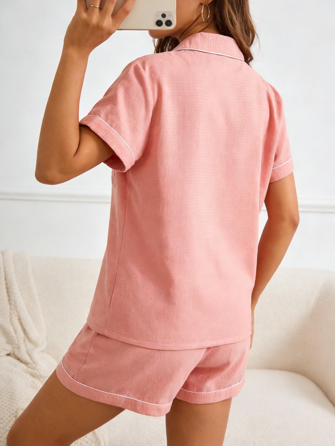 Women's Short Sleeve Button Down Top and Shorts Pajama Set, Spring Summer Wear, For Minimalist Gentle Commuter Girls, Peach Pink With Contrast White Piping, Heart Printing Pocket, Loose Fit, Comfortable For Home & Going Out
