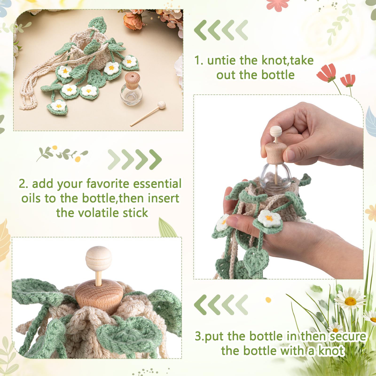 Cute Crochet Plant Design Car Hanging Crochet Car Air Freshener 12ml Empty Refillable Car Diffuser Bottle with Cute Potted Plants  Accessories Essential Oil Diffuser for Girlfriend family Gift Car Decor Decoration  Springtok