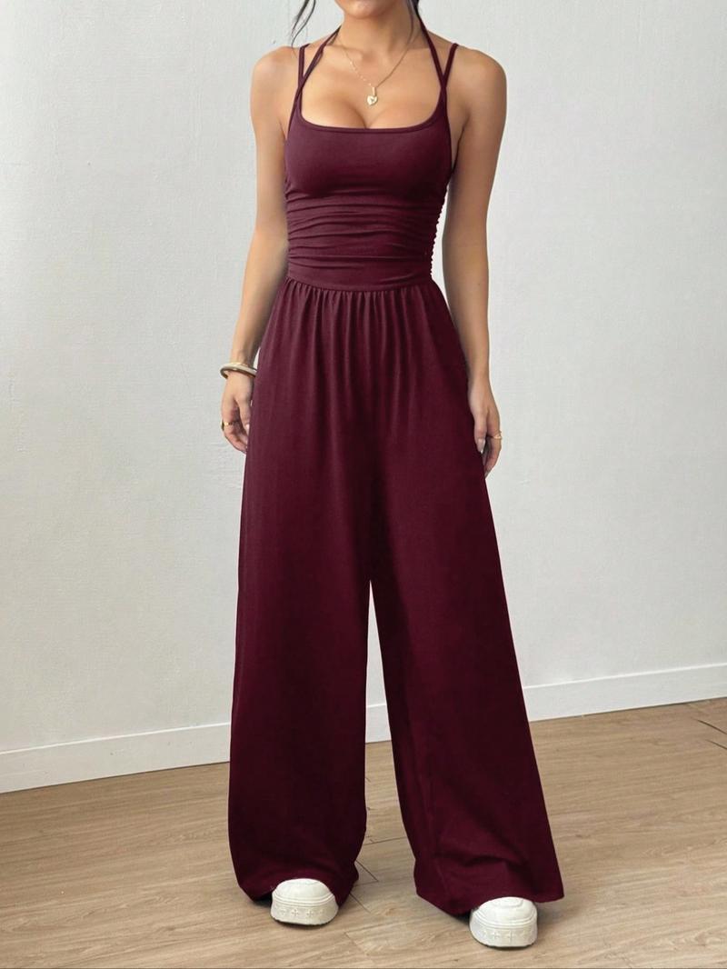 2026 Women's Sleeveless Halter Jumpsuit, Ruched Waist Wide-Leg Palazzo Jumpsuit with Pockets