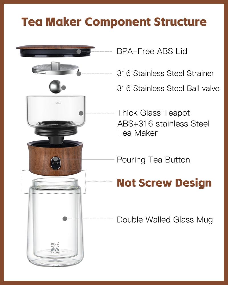 Valentine's Day Gift-ZENS Modern Borosilicate Glass Teapot with One-Touch Infuser for Loose Leaf Tea Insulated Mug Portable Tea Kit for Office Travel Ideal Gift for Tea Lovers - Wooden