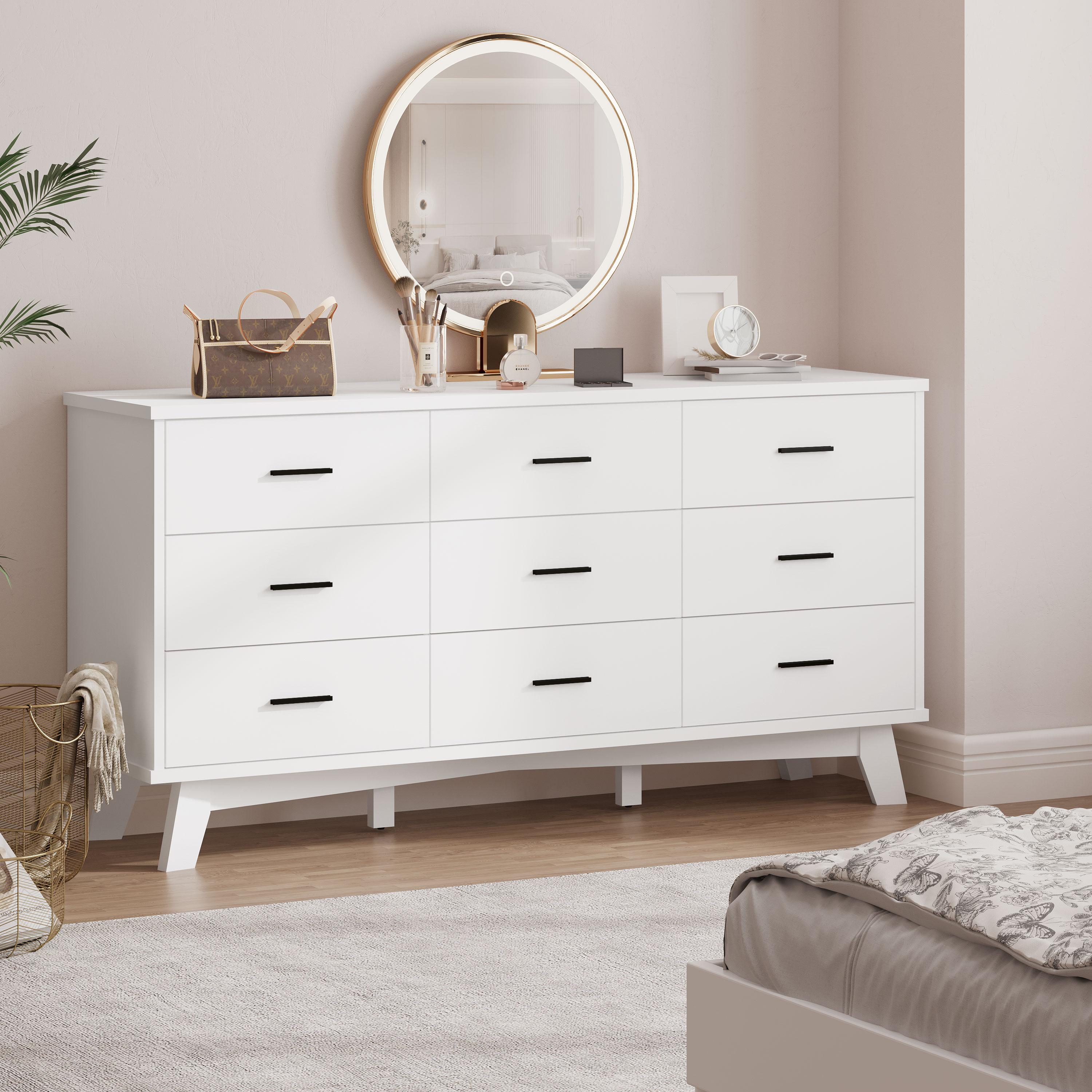 Dresser for Bedroom, 9 Drawer Wide Modern Chest of Drawers with X-Shaped Sturdy Base, Wood Double Dresser Closet Clothes Storage Organizer, Wooden TV Stand for Living Room, Hallway, White Dresser for Bedroom, 9 Drawer Wide Modern Chest of Drawers with X-Shaped Sturdy Base, Wood Double Dresser Closet Clothes Storage Organizer, Wooden TV Stand for Living Room, Hallway, White