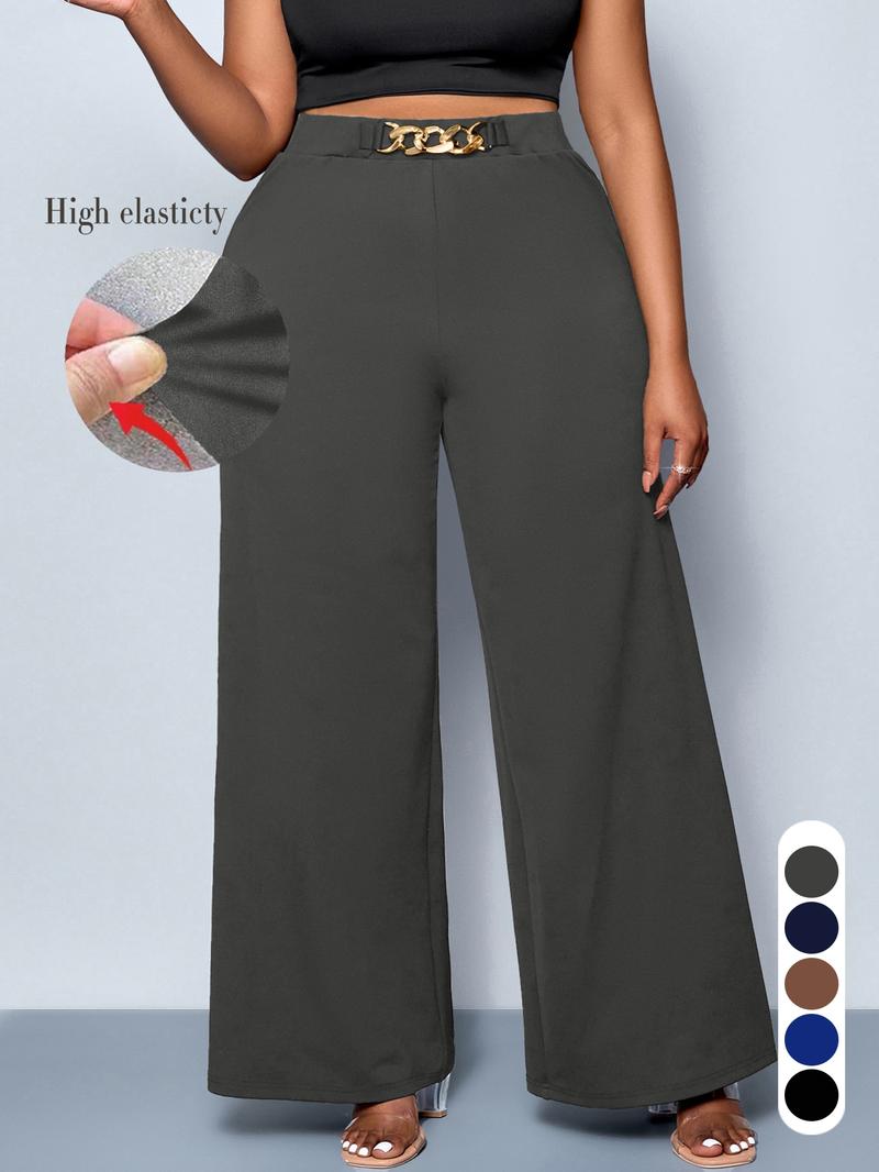 Women's Plus Size Casual Plain Wide Leg Pants, Long Fitted Kint Fabric, All Season Comfortable Clothing for Daily Wear & Travel