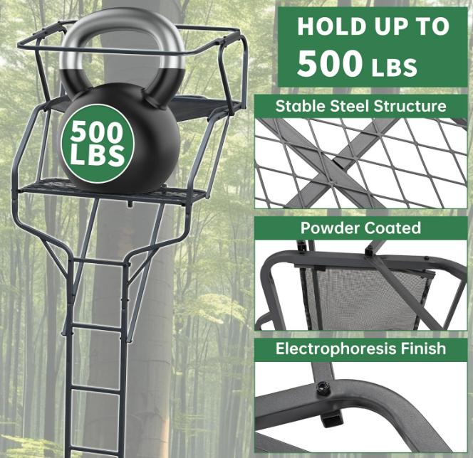 HECASA 2 Person Ladder Stand, 18Foot Deer Hunting Ladder Climbing Tree Stand, Steel Tree Step with Mesh Seat and Flip-up Shooting Rail, 500LBS Outdoor