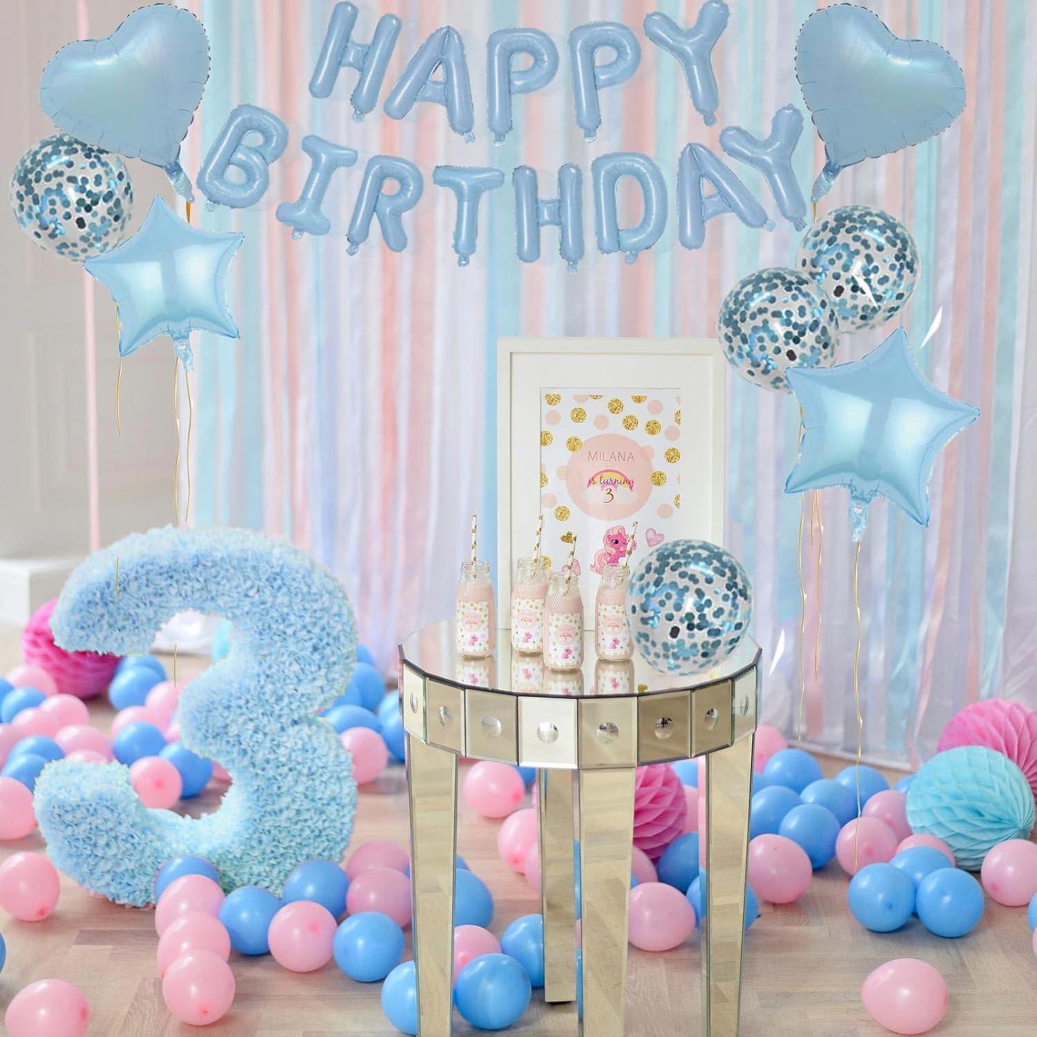 29 Pcs Light Blue Birthday Decorations, 3D Letters Light Blue Happy Birthday Balloon Banner, Pentagram Heart Foil Balloons Confetti Balloons Kit For Boys Girls Birthday Party Supplies