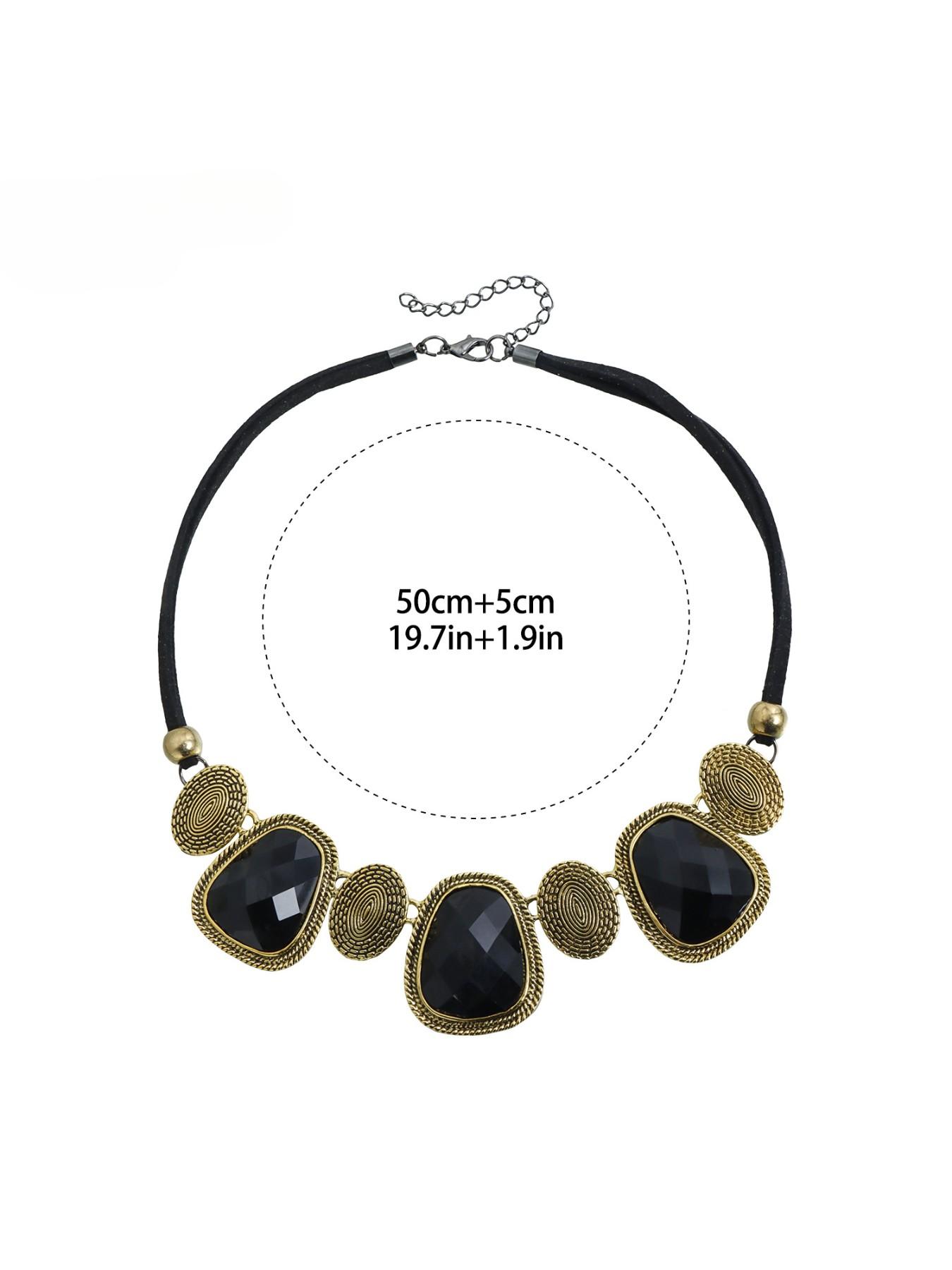 Vintage Tribal Style Gold Geometric Gemstone Necklace for Women, Unique Design High-End Collar Chain, Fashion Jewelry Accessory