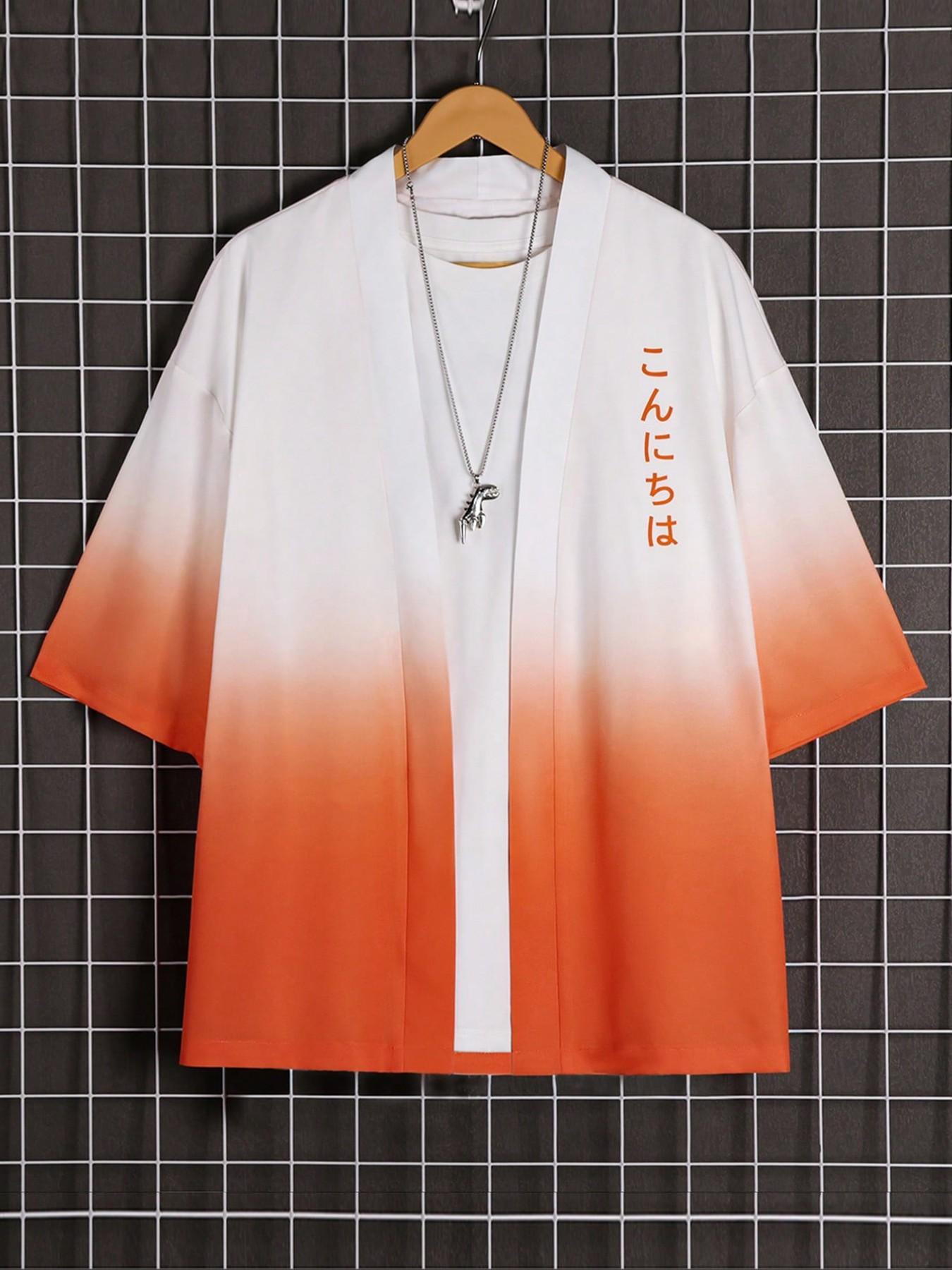 Men's Loose Ombre Kimono with Japanese Letter Graphic, Casual Style, Moderate Fabric, Perfect Gift for Boyfriend, Summer Wear