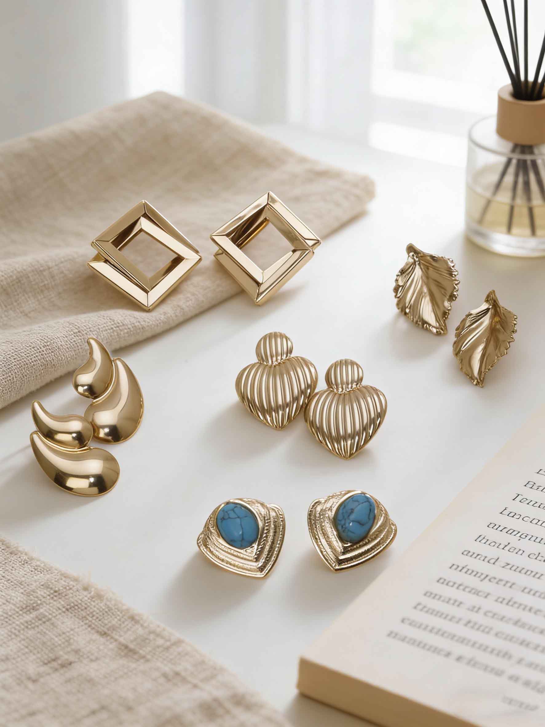 Vintage Gold Stud Earrings for Women 18K Gold Plated Turquoise Leaf Heart Square Geometric Chunky Earrings Hypoallergenic Stainless Steel Fashion Jewelry for Daily Wear Party Gift