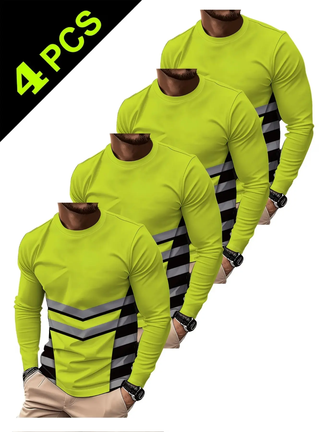 High-Visibility Striped Workwear Men’s Long-Sleeve Breathable Safety Shirt, 4-Pack, Multiple Colors, Stylish Casual T-Shirt