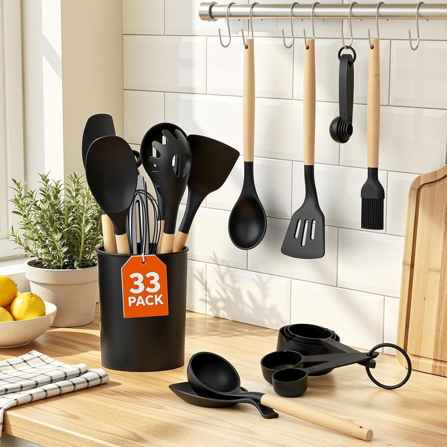 Kitchen Utensils Set - 33 count, Heat-Resistant  Cooking Utensils Set with Wooden Handle,  Kitchen Gadgets Spatula Sets with Holder for Nonstick Cookware (Black)