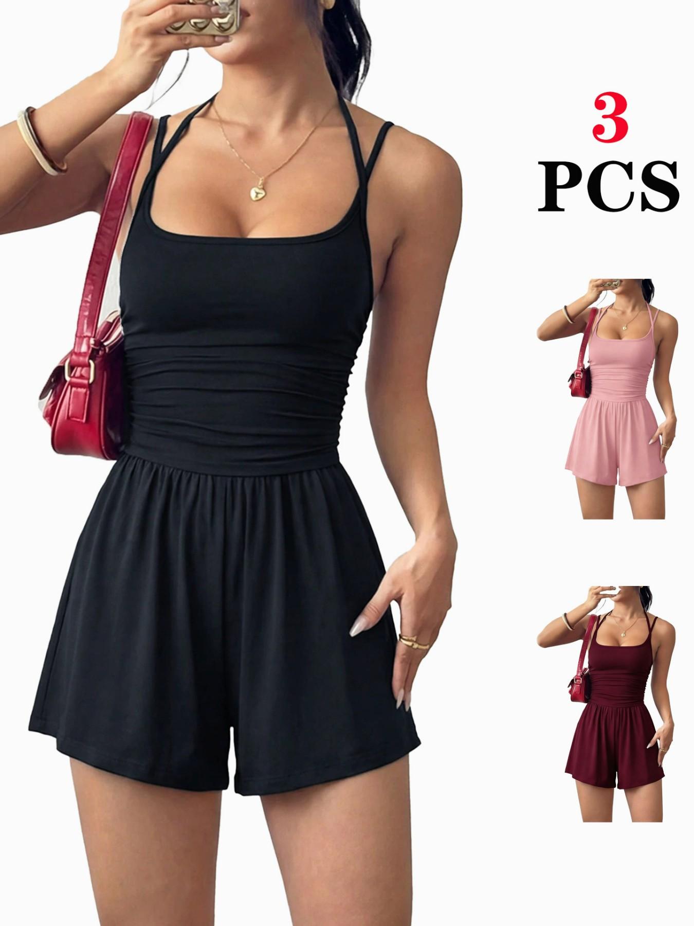 Women's 2026 Versatile Casual Fitted Backless Jumpsuit, Spaghetti Strap Smocked Bodice Flattering Slim Fit Elegant One-Piece Romper for Club Evening Date Vacation Daily Wear