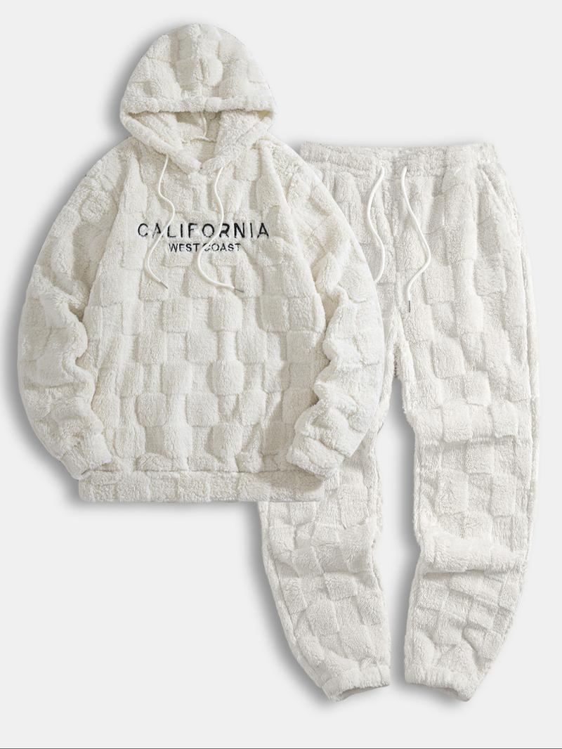 Men's Fall Winter Casual Sportswear Set, Sweatsuit Matching Set, Fleece Jacquard Plaid Hoodie and Sweatpants, Men's 2-Piece, Comfortable and Stylish