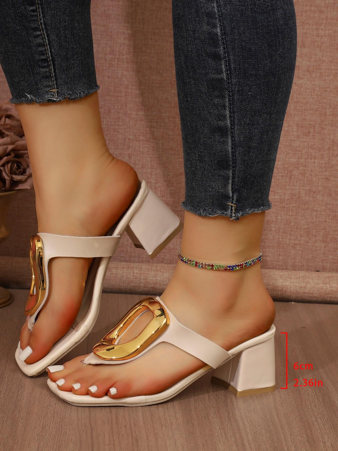 Women's Fashion French Style Sandals, Chunky Heel Open Toe, Large Metal Buckle, Contemporary Design, Perfect for Office, Beach, Vacation