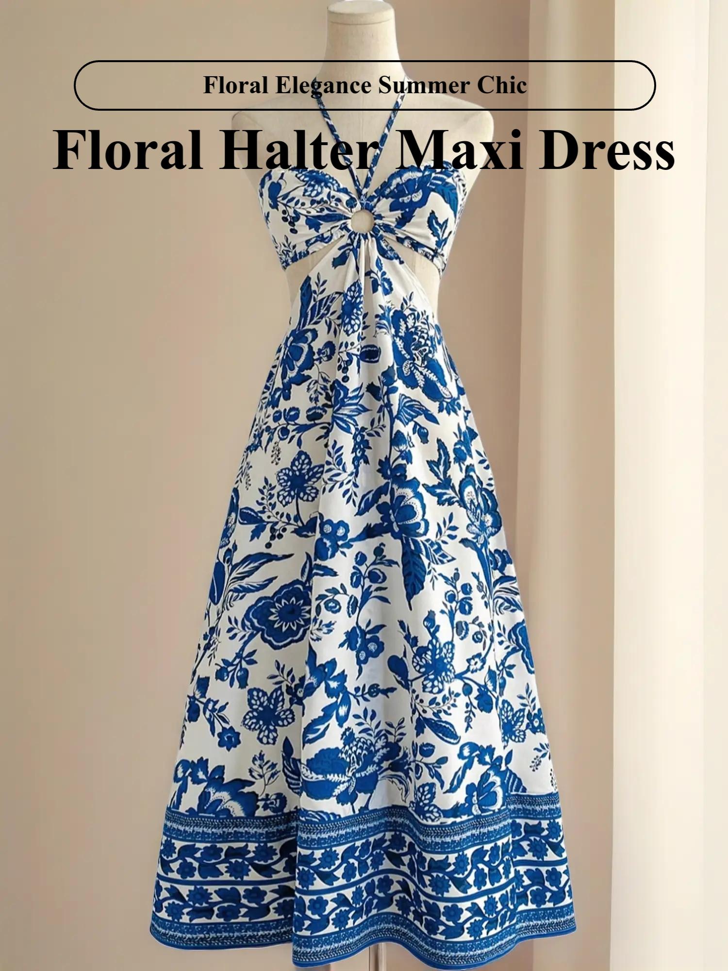 Women's Blue Ethnic Floral Halter Dress, Bohemian Style, Slim-Fitting, Lace-Up Hollow Out Waist, Casual Holiday Wear