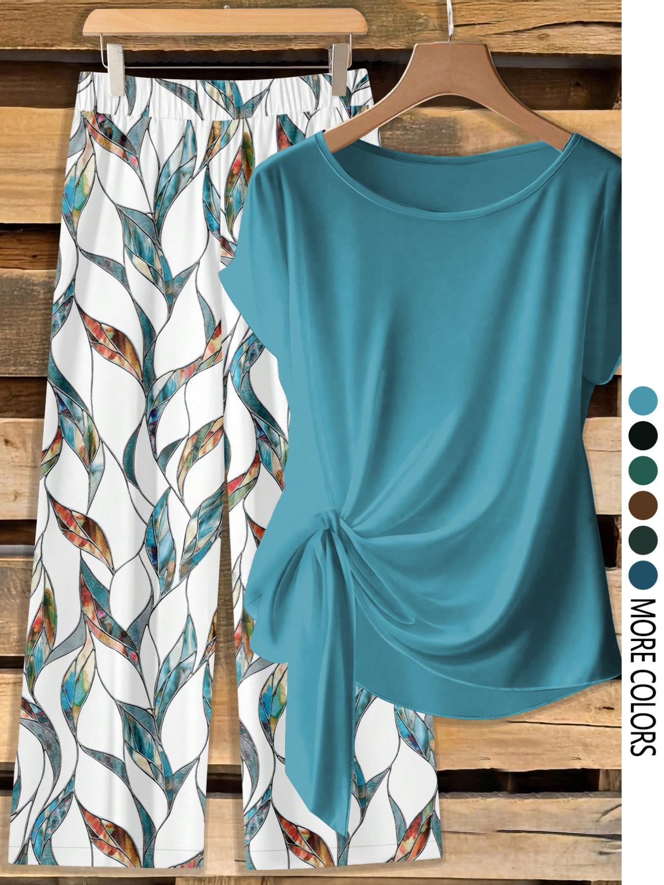 Women's Casual Printed Necktie Shirt and Loose Straight Pants Set, Womenswear, Perfect for Spring and Summer, Comfortable Two-Piece Women's Casual Printed Necktie Shirt and Loose Straight Pants Set, Womenswear, Perfect for Spring and Summer, Comfortable Two-Piece