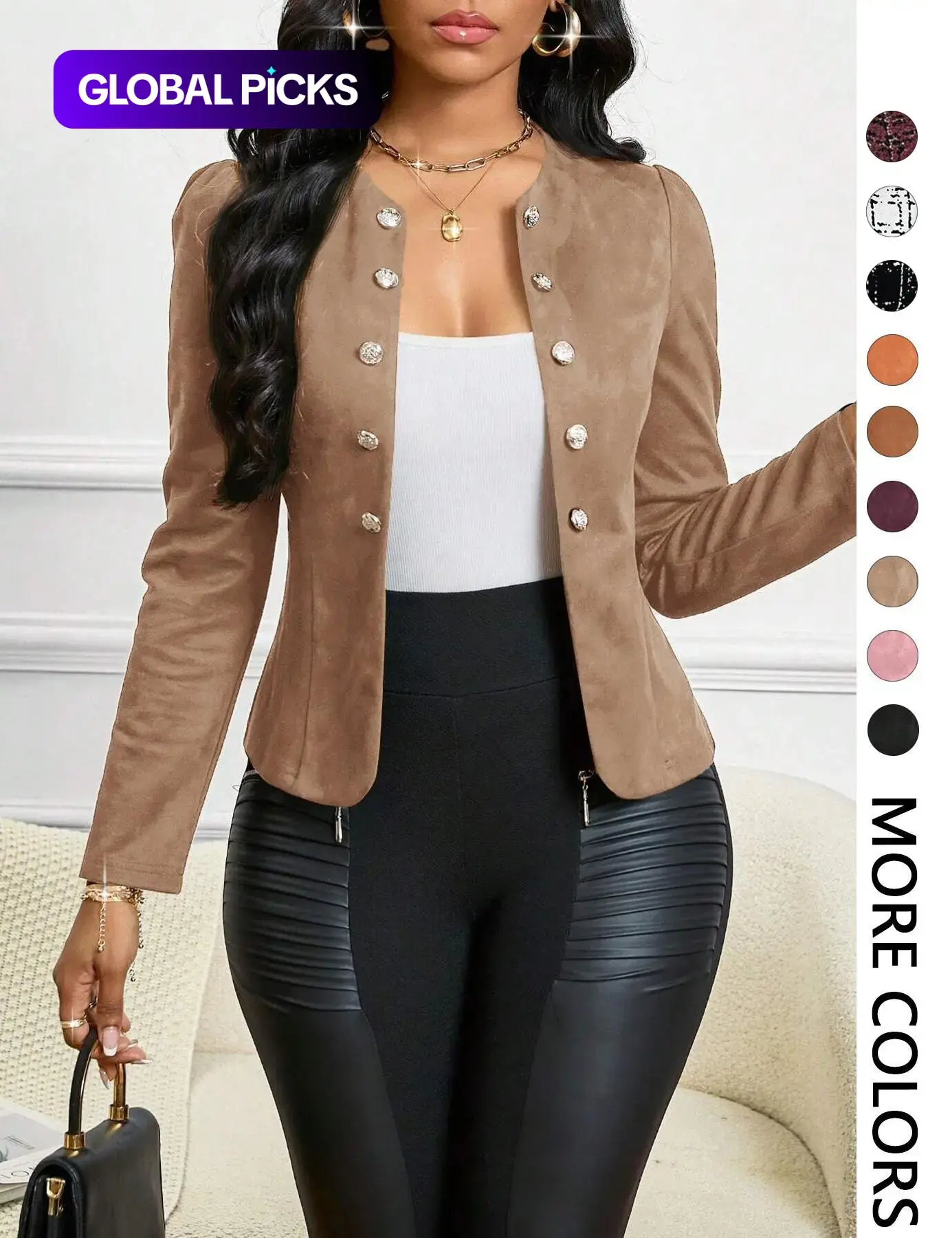 Women's elegant open front tailored jacket with round neck and classic decorative buttons, slim fit stylish outerwear suitable for going out, date night, parties, and casual work occasions, a chic wardrobe staple to effortlessly elevate daily outfits.