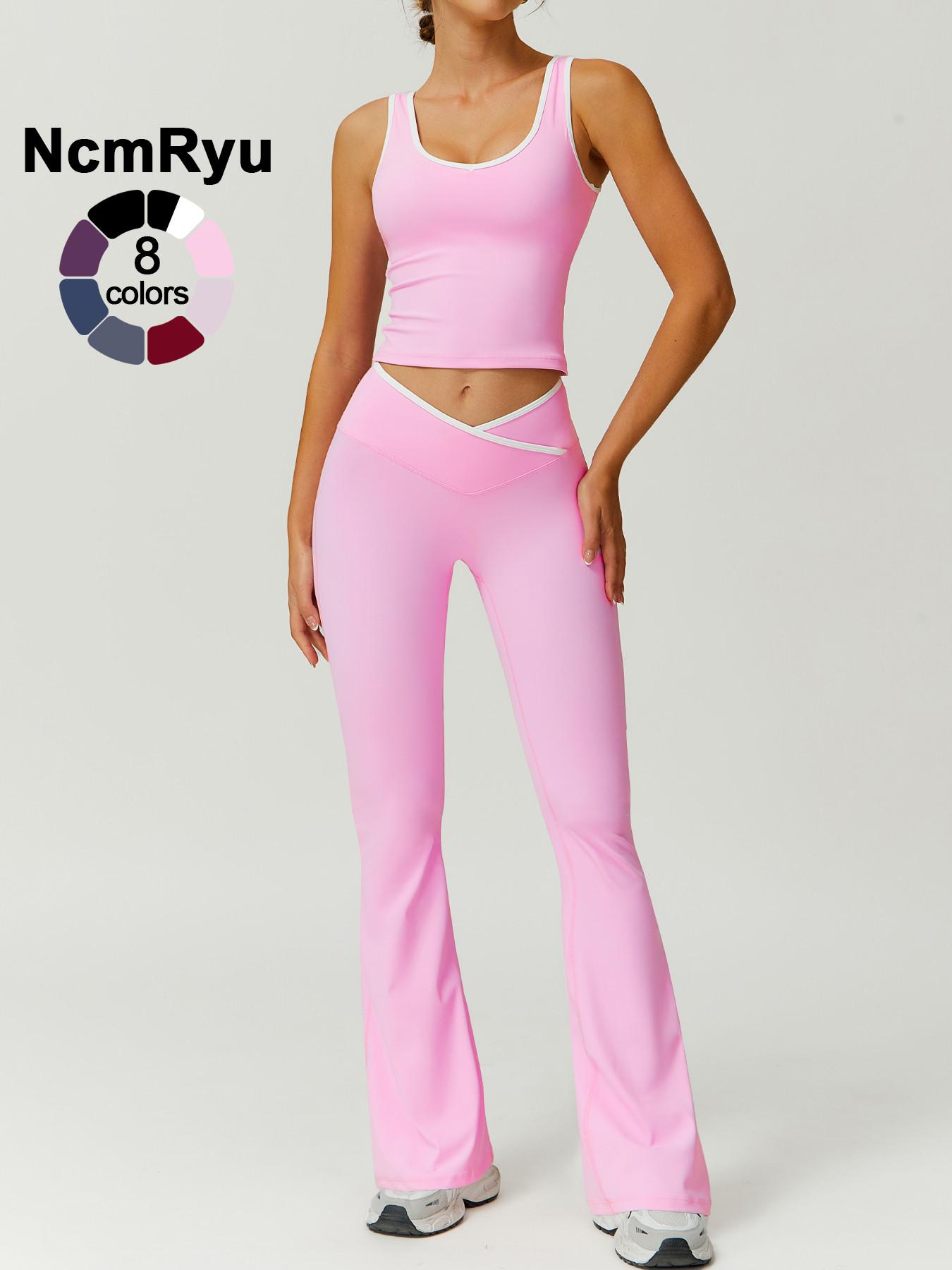 Two-Piece Set Women's Patchwork High Elastic Soft U-Neck Wide Shoulder Strap Vest Cross Waist Top Hip Flared Pants Yoga Clothes Four Seasons Running Gym sports training all-match vest, Workout Running Outfits, Activewear Set, Athleisure Sportswear Set
