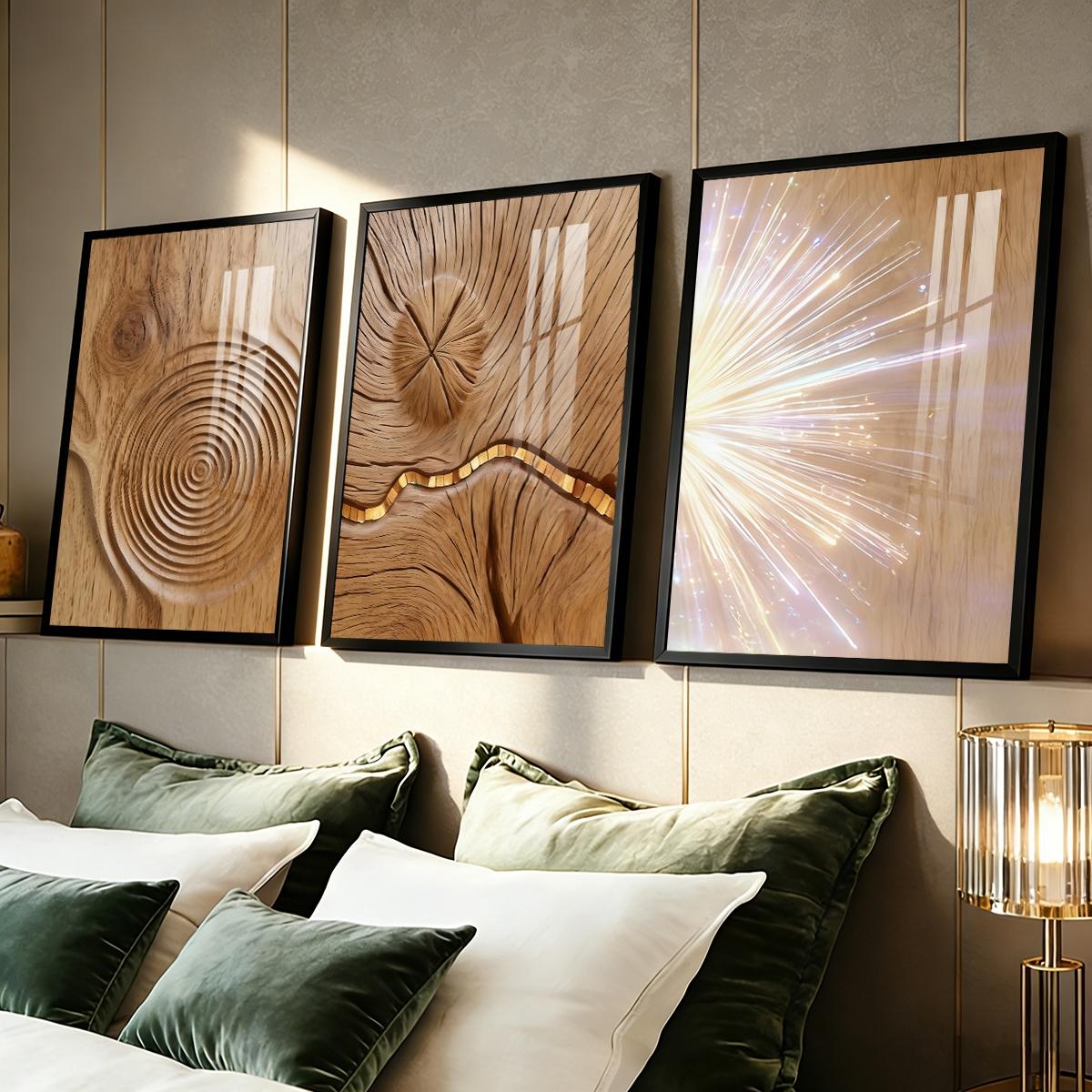 3 Counts Aluminum Alloy Framed Painting, Abstract Wood Texture And Light Burst Pictures, Home Decoration For Living Room, Bedroom, Office, Restaurant, Hallway Wall Decor, Odorless Print Artwork, Luxury Perfect Gift For Friends And Family