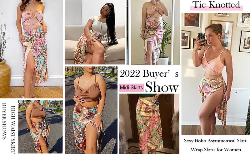 ZAFUL Women's Boho Skirt Asymmetrical Skirts Tied Floral Paisley Printed High Waist Ruched Skirts for Women