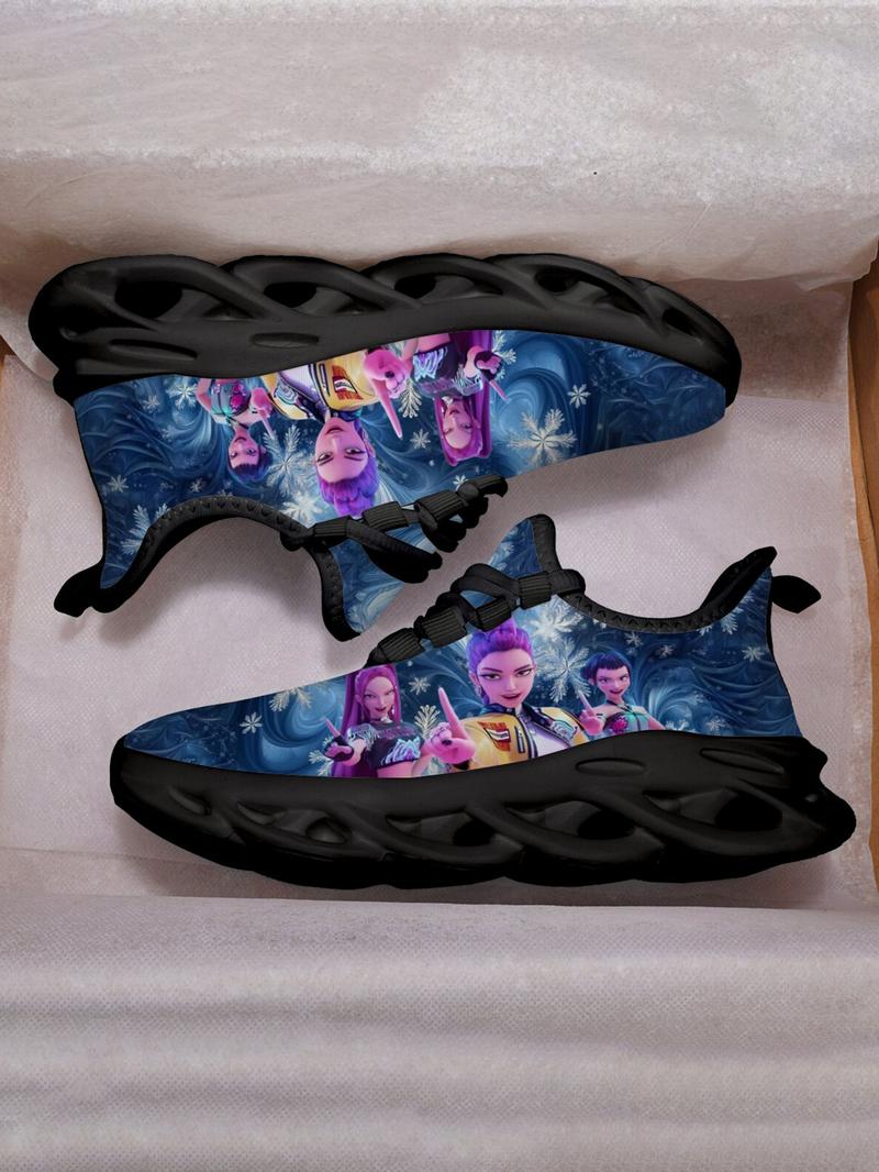 K-Pop Hunter Girl Pattern Kids Shoes, Breathable Mesh Lace-Up Low Top Eva Sole, Durable Fashion Casual Sporty Children Sneakers