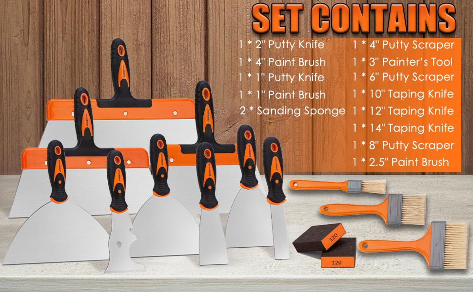 THINKWORK 14Pcs Stainless Steel Drywall Tool Set with 9 Putty Knives 3 Paint Brushes & 2 Sanding Sponges for Home Improvement Repair & Painting