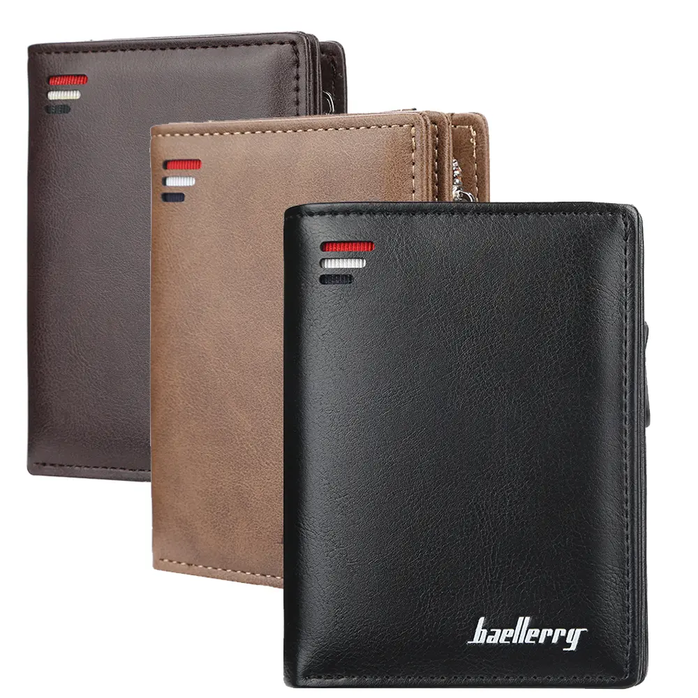 Men Casual Vertical Faux Leather Short Wallet Multi Card Slots Clear ID Window Clutch Side Zipper Coin Pocket Cash Storage Purse for Daily Business Travel