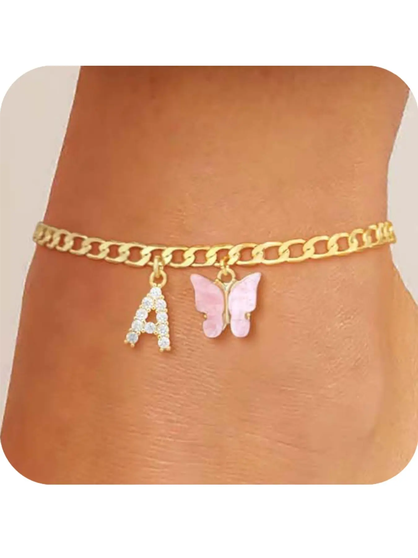 Ankle Bracelets for Women Anklet ；exquisite butterfly initial ankle bracelet handmade Cuban chain pink butterfly A-Z initial foot chain personalized summer beach jewelry gift for ladies and girls；DealsForYouDays