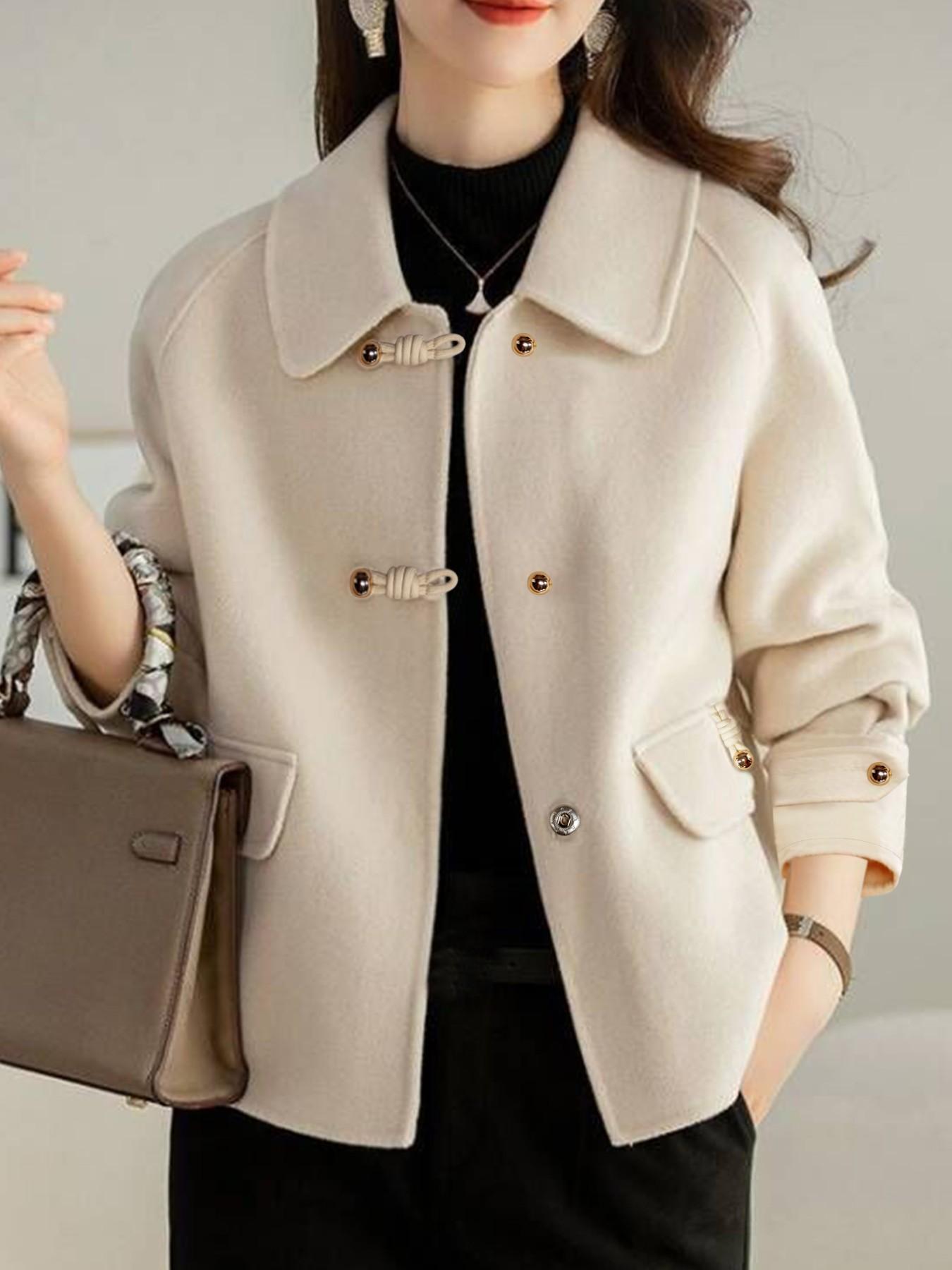 French Fashion Women's Autumn Winter Thicken Woolen Coat, Ladies Short Jacket, Elegant Casual Loose Double-Sided Floral Tweed Long Sleeve Pockets Outerwear