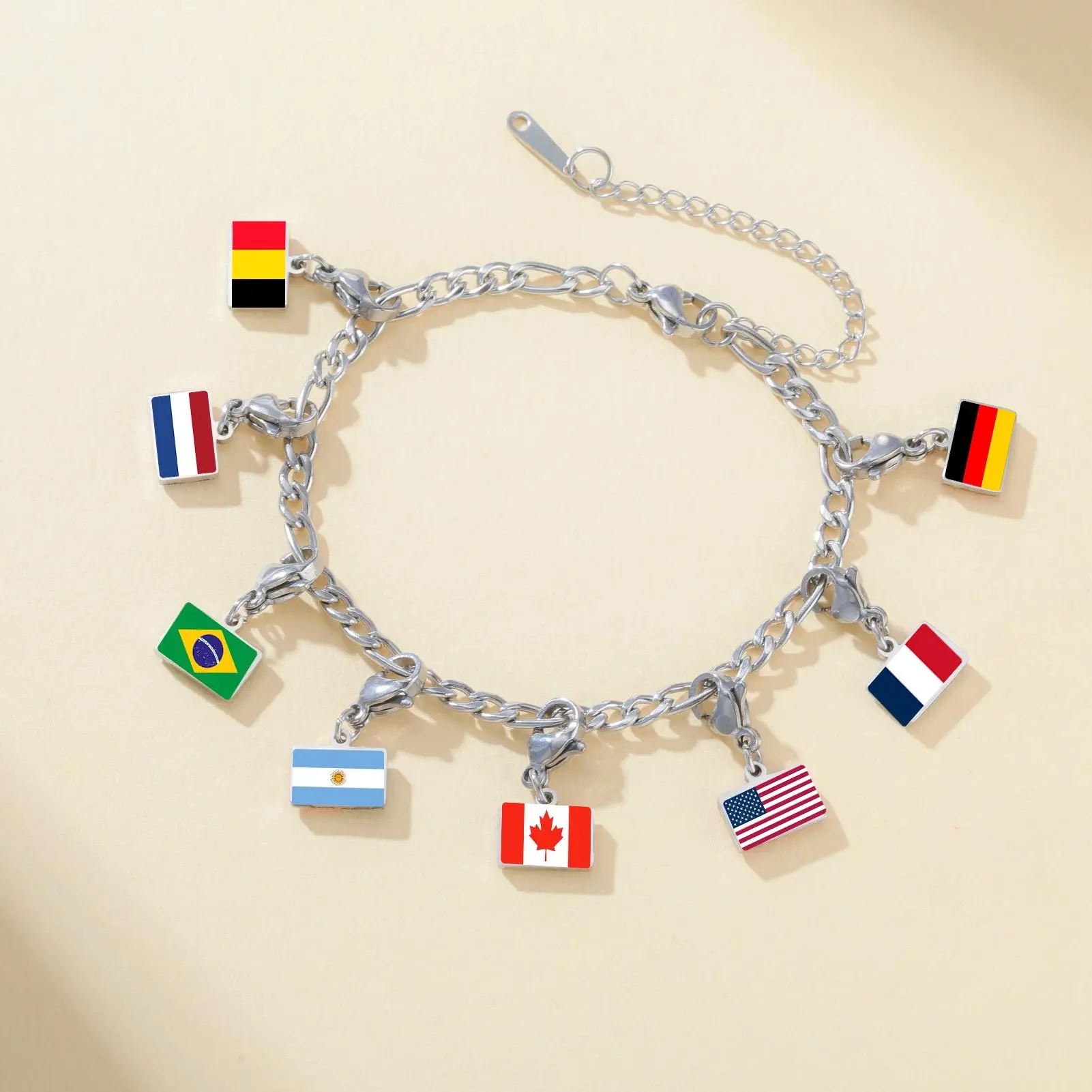 Stainless Steel Country Flag Lobster Clasp Charm Pendant Bracelet - Italy, France, Brazil, Spain Flags Jewelry, Anti-Rust Travel Souvenirs Gift