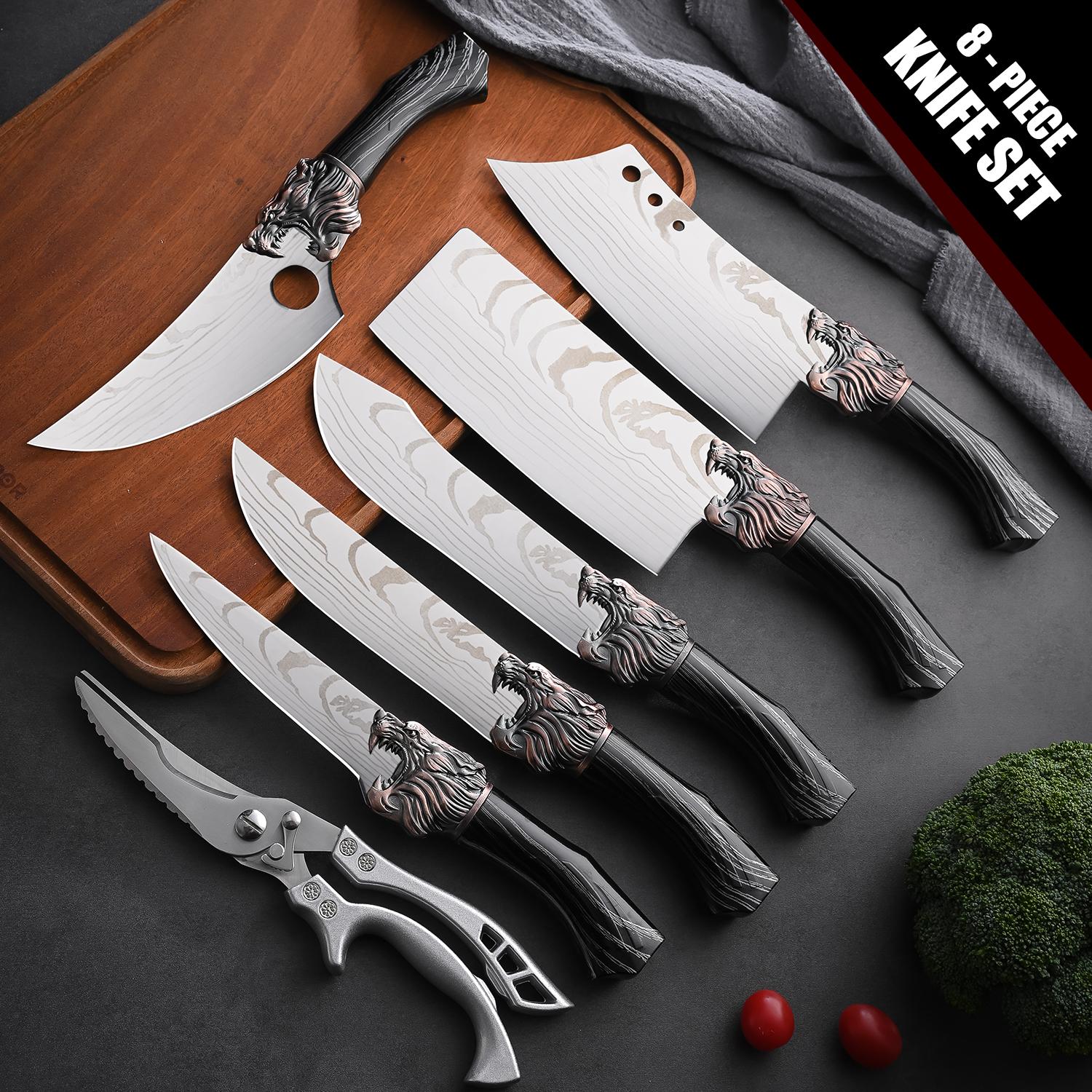 8pc kitchen knife set - Damascus laser pattern, kitchenware, black anti-wood grain plastic handle, knife stand storage convenient, cutting vegetables, cutting meat slaughtering, multi-functional scissors, outdoor camping, holiday gifts, local warehouse