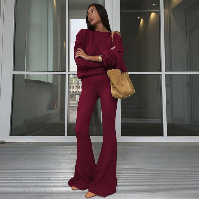 Women's Solid Asymmetrical Neck Top & Flare Leg Pants Set, Casual Drop Shoulder Long Sleeve Top & Trousers, Women's Fall & Winter Clothes for Everyday Wear, Casual Loungewear Set
