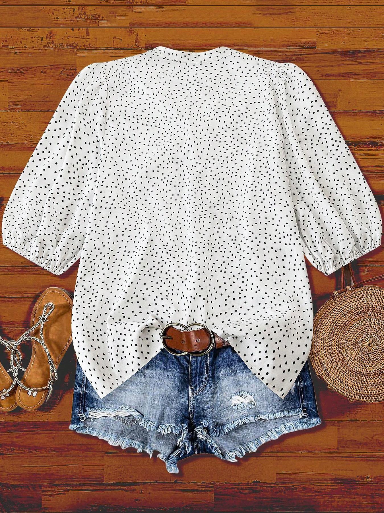 Korean Style Polka Dot Babydoll Top, V Neck + Puff Sleeve Design, Loose Fit Slimming Effect, Pair with Jeans for Summer Fashion