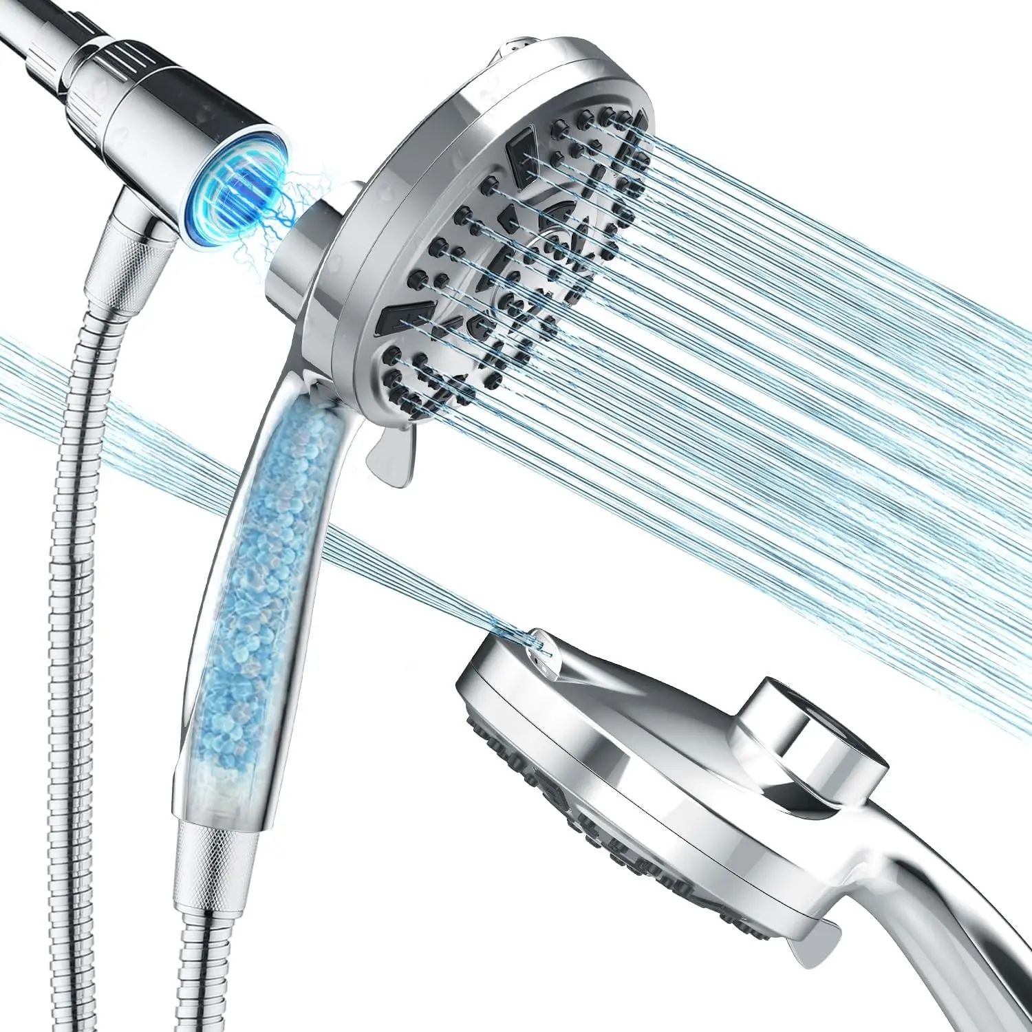 Magnetic Shower Head with Handheld - 10 Spray Modes High Pressure Filtered Showerhead, Detachable Magnetic Mount, Built-in WaterFilter, Extra Cleaning Nozzle, Chrome