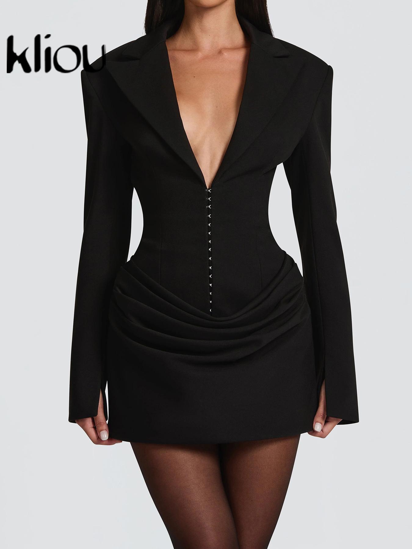 Kliou Women's Slim-Fitting Deep V-Neck Waist Cinched Dress, Sexy Plain  Short Suit Dress Formal Wear for Fall & Winter, Stylish and Fitted Design